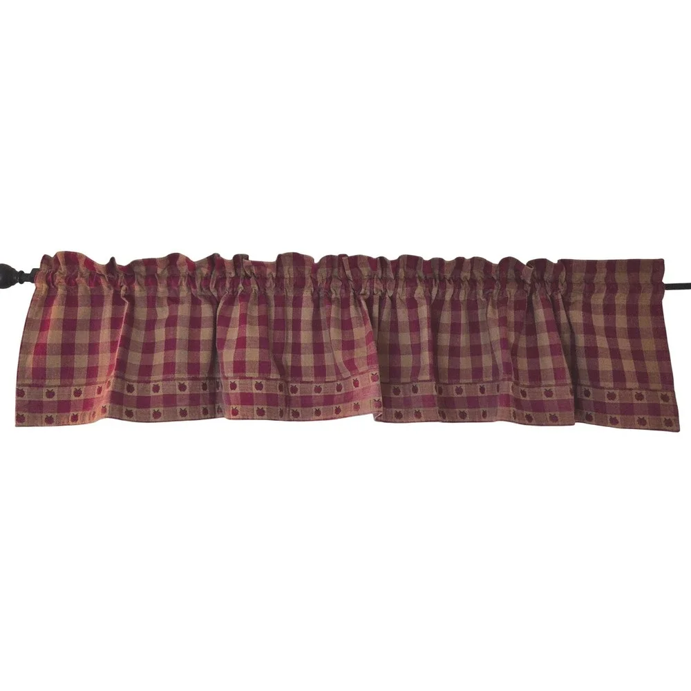 Vtg Country Gingham Apple Embroidered Window Valance Set 2 Panels Burgundy READ